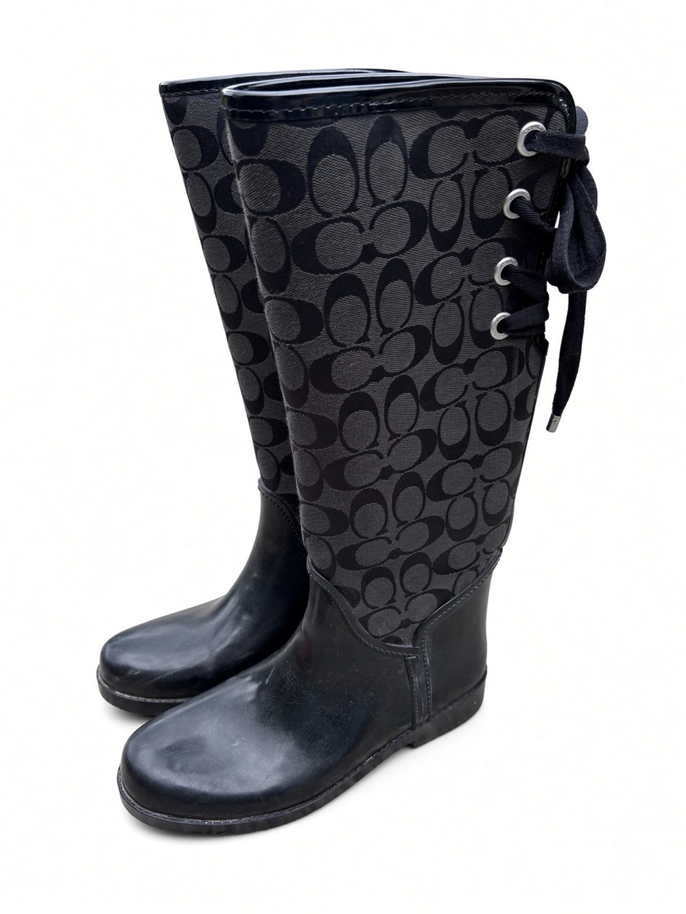 Coach Tristee Black Signature C Tall Rain Boots Lace-Up Back 8B